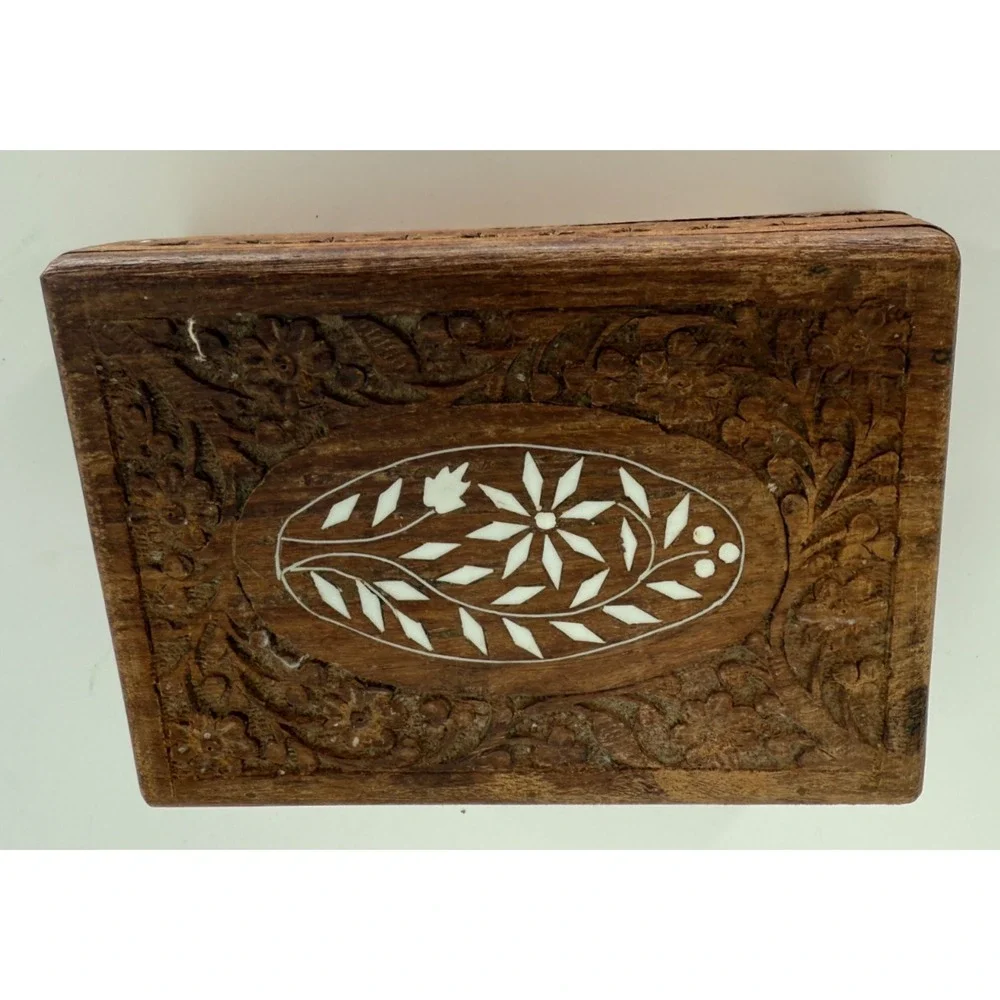 Vintage Sheesham Wood Jewelry Box Floral Carved Inlay‎ India 6.5x4.75x2.75 BoHo